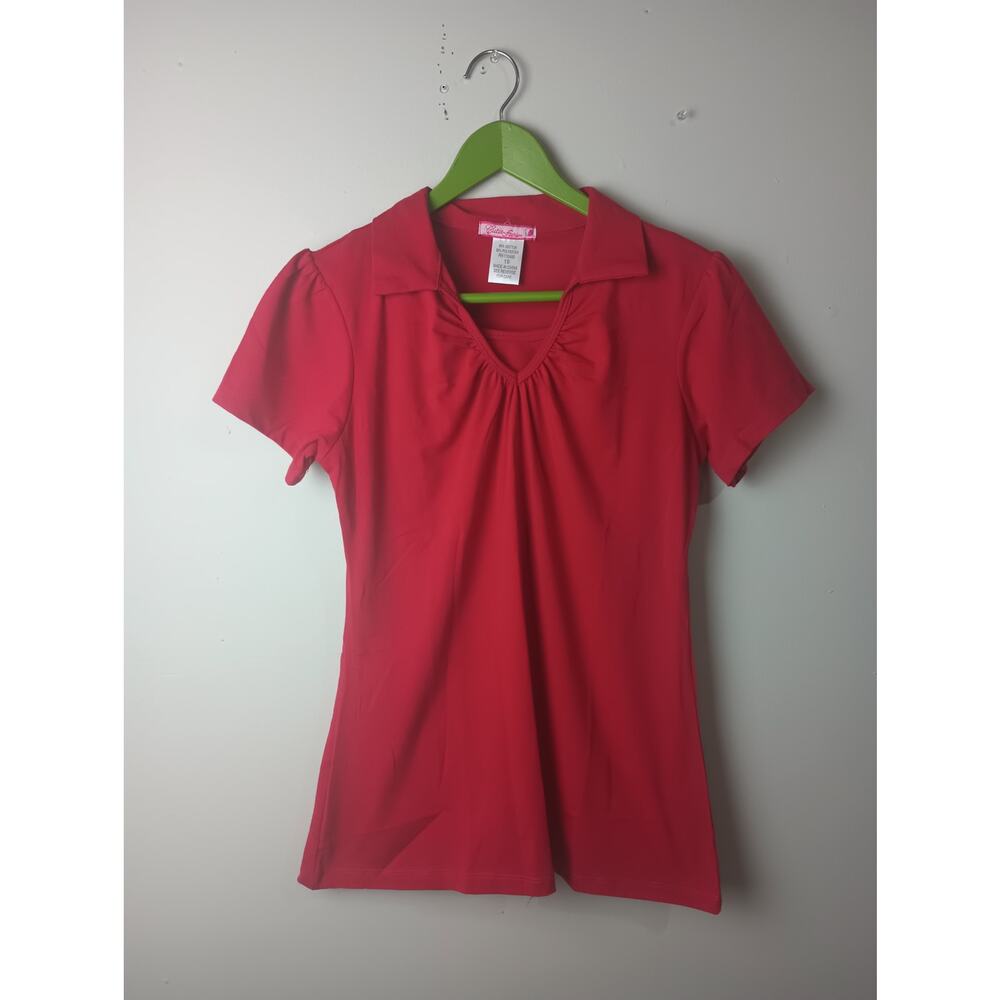 Girls Red Ruffle V Neck Collar‎ Fitted Baby Doll Y2K Top Youth 18 Short sleeve